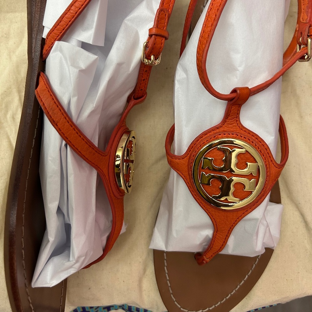 Tory Burch Miller Gold Logo Leather ankle strap flats in Orange 9.5